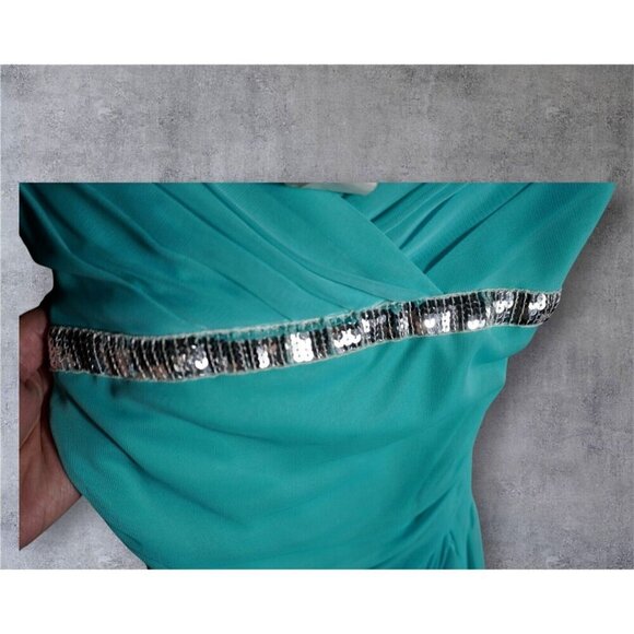 My Michelle Aqua Blue Slip Dress - Size M - Sequin Trim, Ruched Mesh, Ruffle Hem - Picture 14 of 16